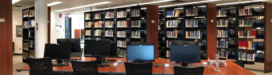 David Lam Library computer workstations and book stacks.
